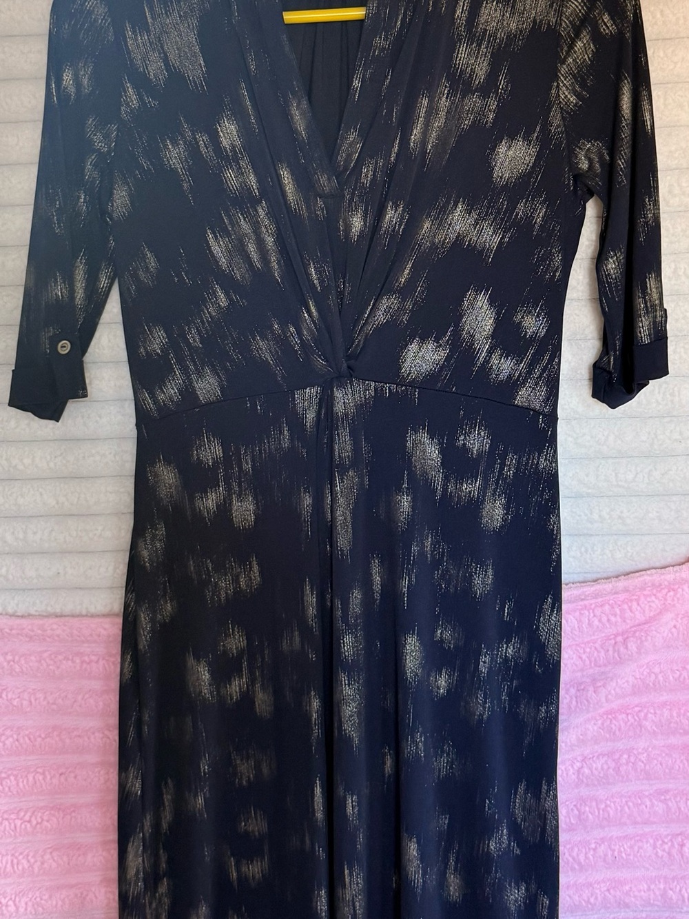 Amiana Navy Dress with Metallic Silver Brushstroke Detail